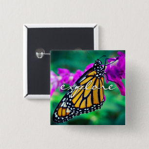 Orange Monarch Butterfly Explore Script Modern Pinback Button