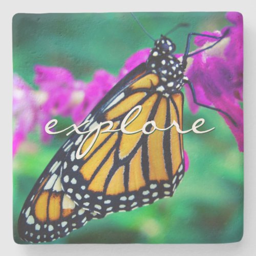 Orange Monarch Butterfly Explore Script Modern Stone Coaster