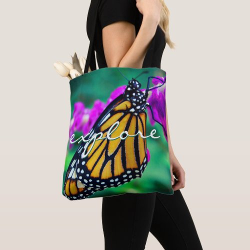 Orange Monarch Butterfly Explore Script Modern Tote Bag