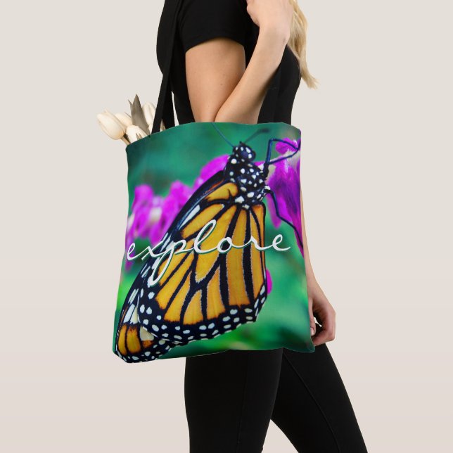 Orange Monarch Butterfly Explore Script Modern Tote Bag (Close Up)