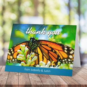 Orange monarch butterfly modern script add name letterpress thank you card
