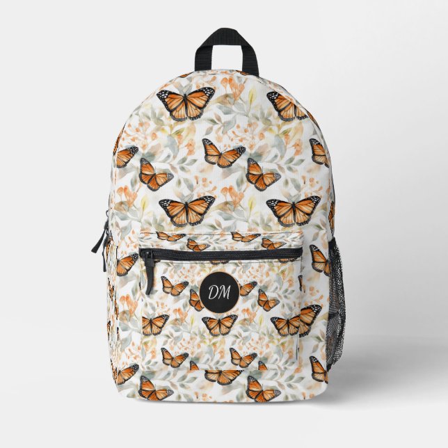 Orange Monarch Butterfly Pattern Monogram Printed Backpack (Front)