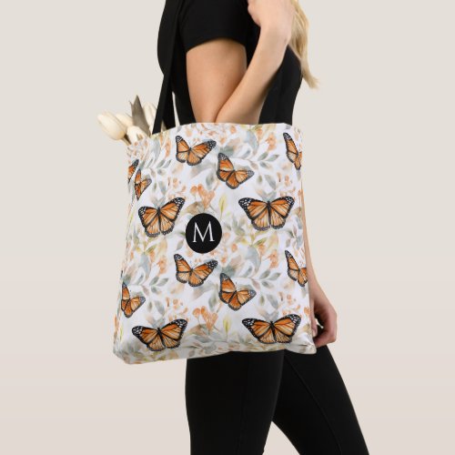 Orange Monarch Butterfly Pattern Monogram Tote Bag