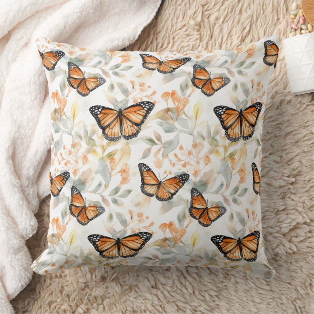 Orange Monarch Butterfly Pattern Throw Pillow (Blanket)