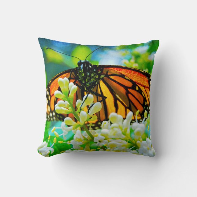 Orange Monarch Butterfly Photo Colorful Modern Throw Pillow (Front)