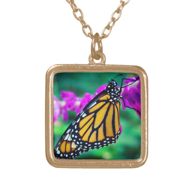 Orange monarch butterfly photo purple flower bold gold plated necklace (Front)