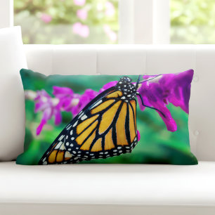 Orange monarch butterfly photo purple flower bold lumbar pillow