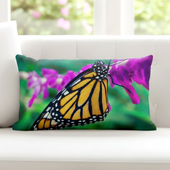 Orange monarch butterfly photo purple flower bold lumbar pillow (Creator Uploaded)
