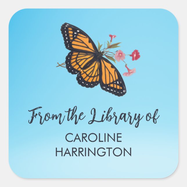 Orange Monarch Butterfly Pretty Sky Blue Bookplate (Front)