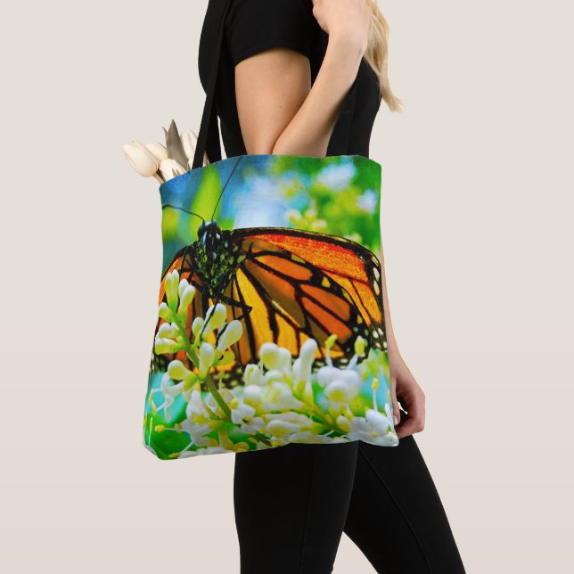 Orange Monarch Butterfly White Flower Photo Bold Tote Bag (Close Up)