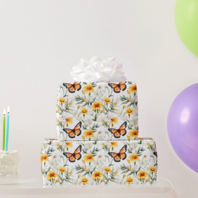  Orange Monarch  Butterfly Yellow Green  Floral  Wrapping Paper (Party Gifts)