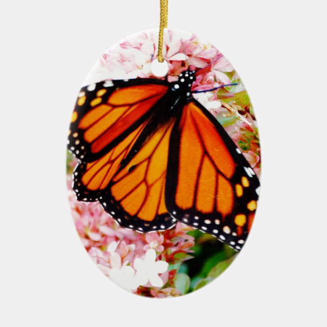 Orange Monarch on pink flowers Ceramic Ornament (Front)