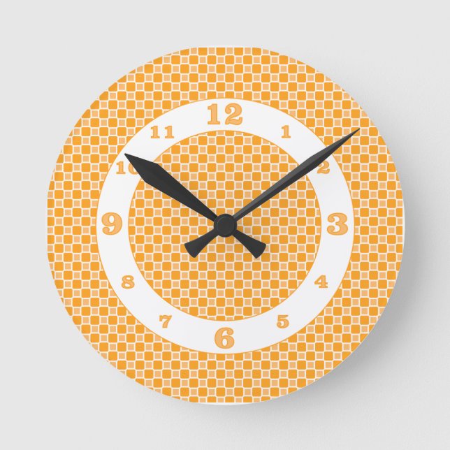 Orange Monochromatic Checks Round Clock (Front)