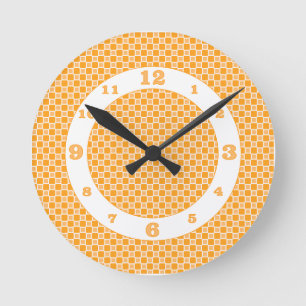 Orange Monochromatic Checks Round Clock