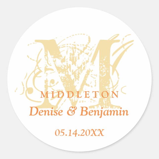 Orange monogram antique chic label wedding favor (Front)