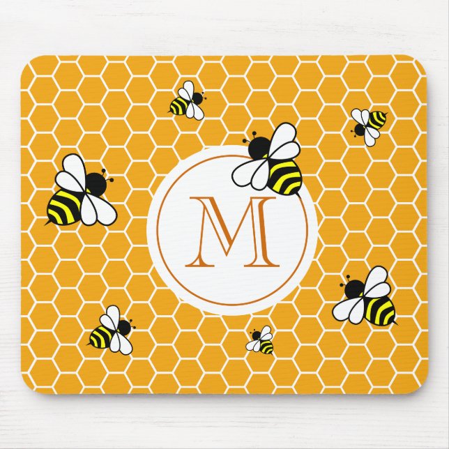 Orange Monogram Bees Honeycomb Pattern Mouse Pad (Front)