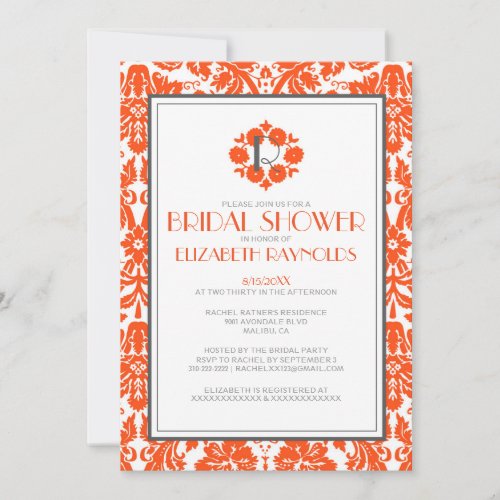 Orange Monogram Damask Bridal Shower Invitations