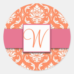 Orange Monogram Damask Pink Wedding Stickers