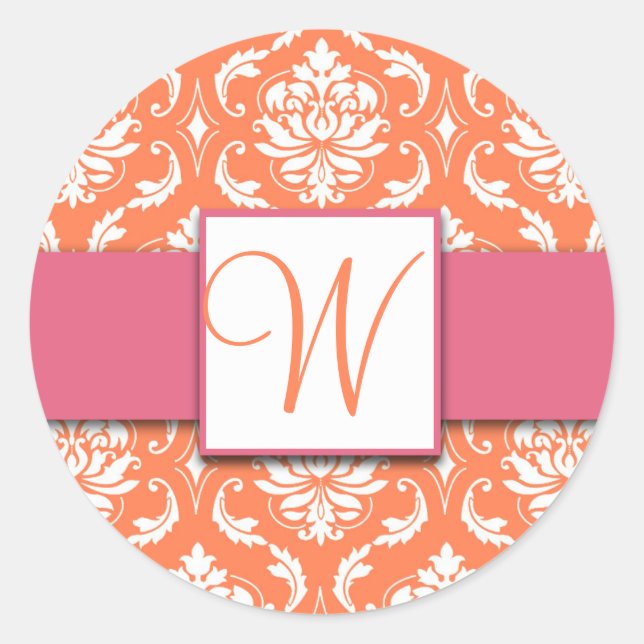 Orange Monogram Damask Pink Wedding Stickers (Front)