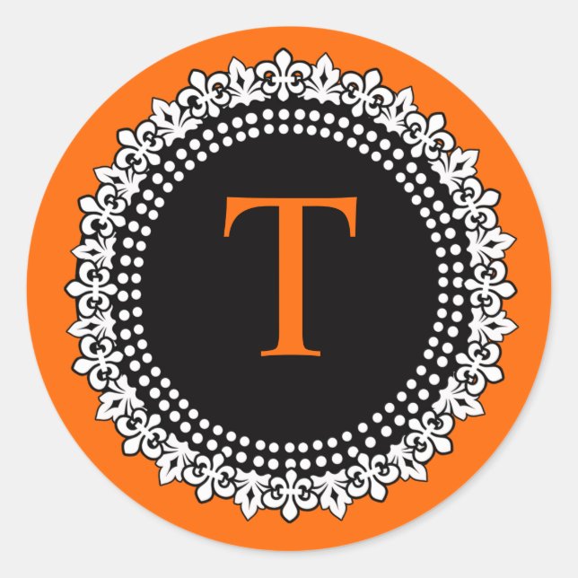 Orange Monogram Fleur de Lis Wedding Favor Sticker (Front)
