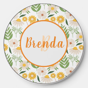 Orange Monogram Floral Round Wireless Charger
