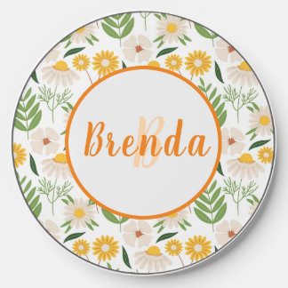 Orange Monogram Floral Round Wireless Charger