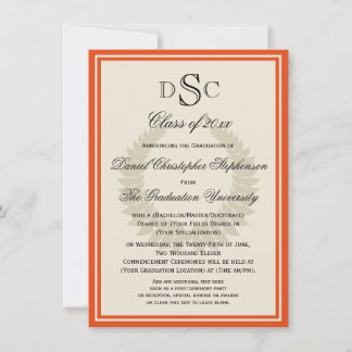 Orange Monogram Laurel Classic College Graduation  Invitation