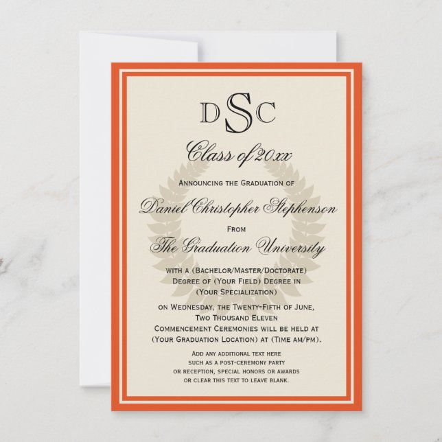 Orange Monogram Laurel Classic College Graduation  Invitation (Front)
