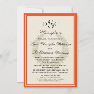 Orange Monogram Laurel Classic College Graduation  Invitation