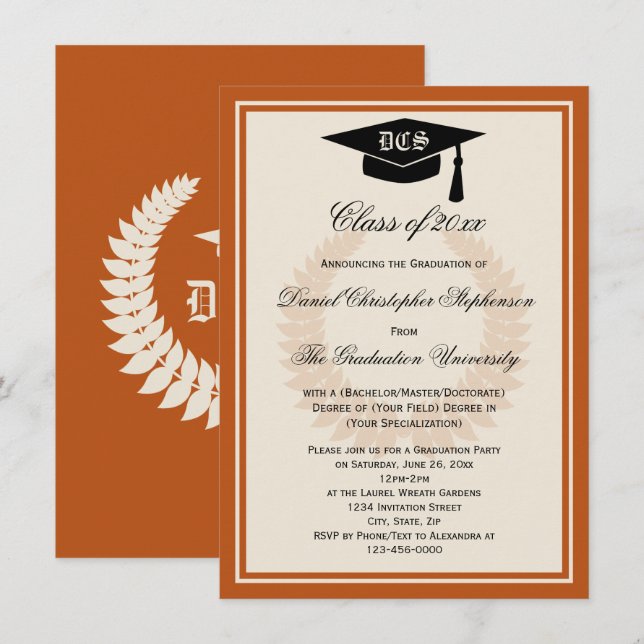 Orange Monogram Laurel Classic College Graduation Invitation (Front/Back)