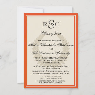 Orange Monogram Laurel Classic College Graduation Invitation