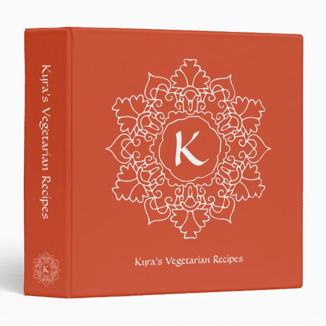 Orange Monogram Modern Mandala Custom Recipe 3 Ring Binder (Front/Spine)