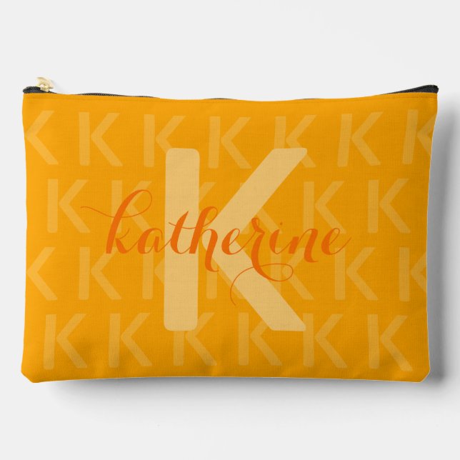 Orange Monogram Pattern Custom Name Accessory Pouch (Front)