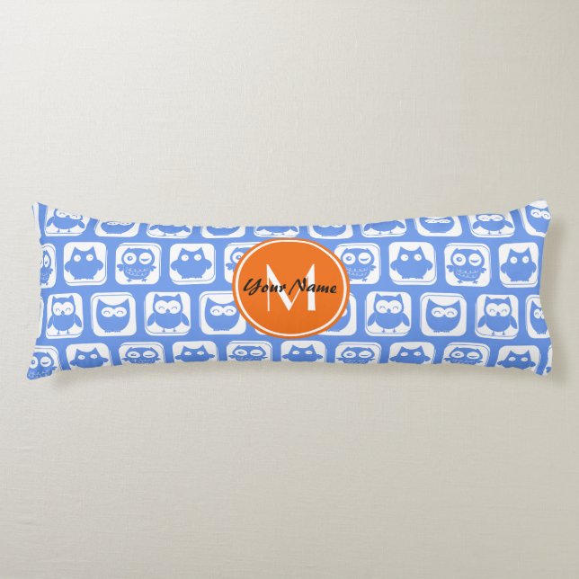 Orange Monogram Personalized Name Blue Owls Body Pillow (Front)