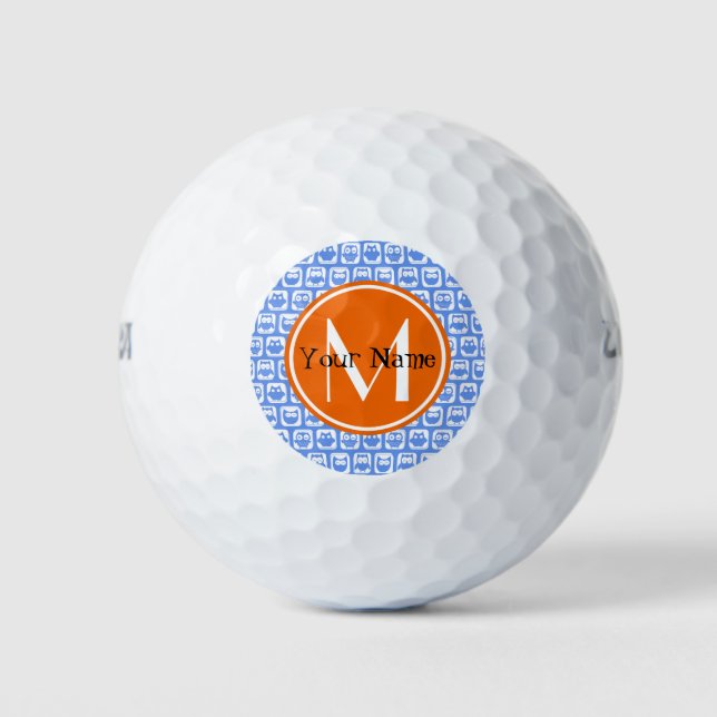 Orange Monogram Personalized Name Blue Owls Golf Balls (Front)