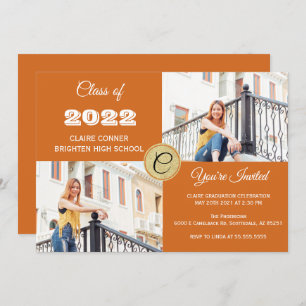 Orange Monogram Photo Graduation Invitation