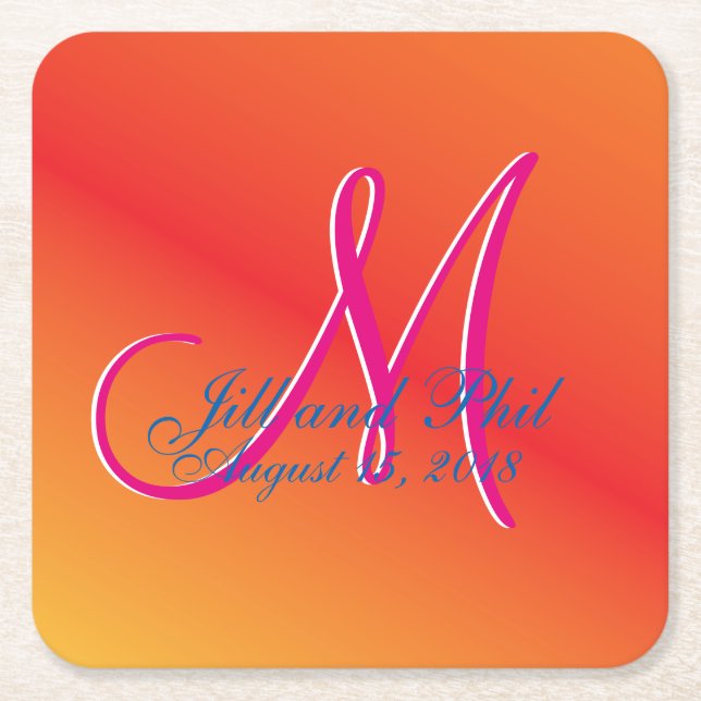 Orange Monogram Sunset Fabulous Budget Value Fun  Square Paper Coaster (Front)