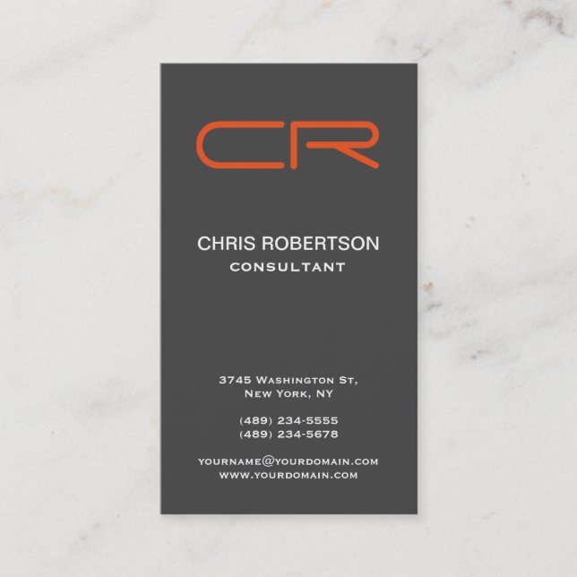 Orange Monogram Unique Modern Grey Business Card (Front)