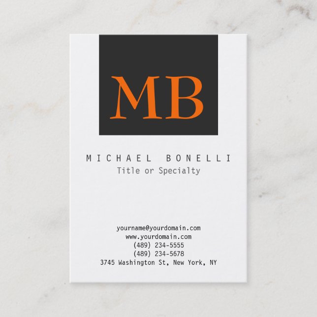 Orange Monogram White Black Stripe Business Card (Front)