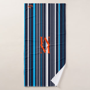 Orange Monogrammed Blue Striped Bath Towel Set