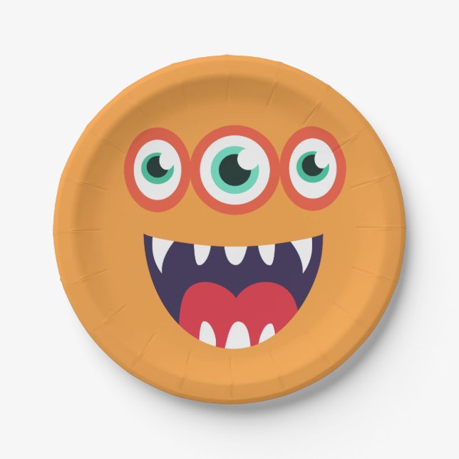 Orange Monster Face Paper Plates (Front)