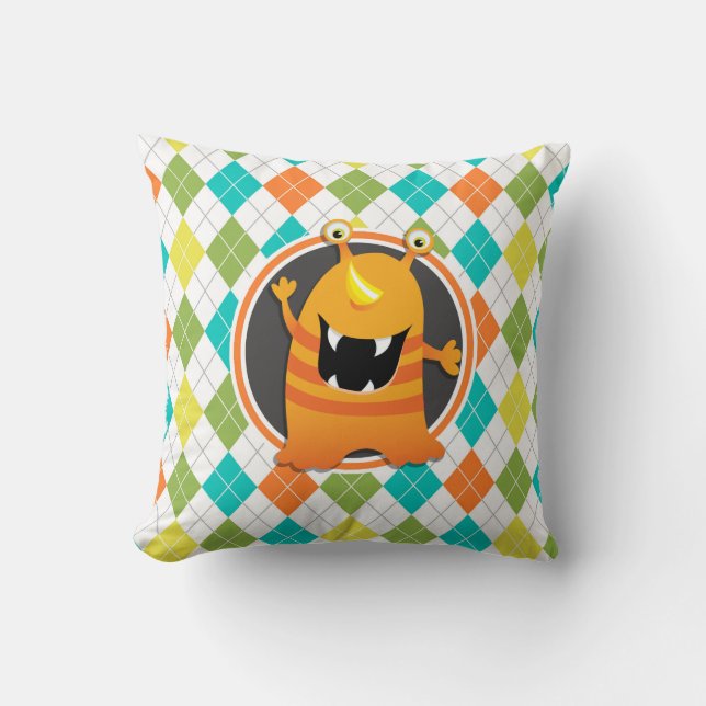 Orange Monster on Colorful Argyle Pattern Throw Pillow (Front)
