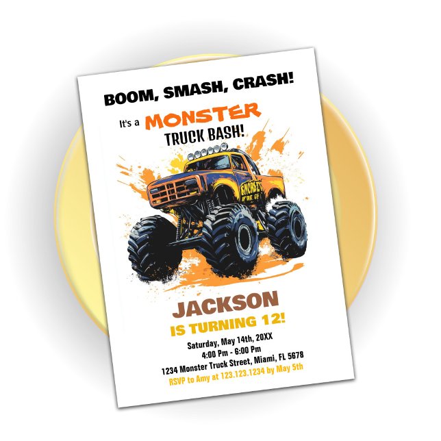 Orange Monster Truck Birthday Invitations (Orange Monster Truck Birthday Invitations)
