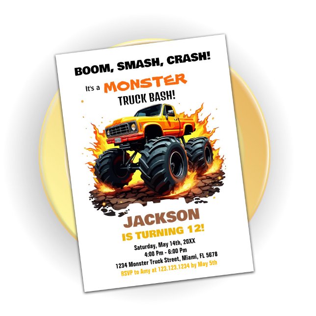 Orange Monster Truck Birthday Invitations (Orange Monster Truck Birthday Invitations)