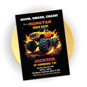 Orange Monster Truck Birthday Invitations Black