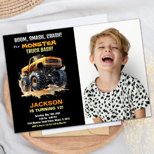 Orange Monster Truck Birthday Invitations Photo