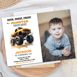 Orange Monster Truck Birthday Invitations Photo