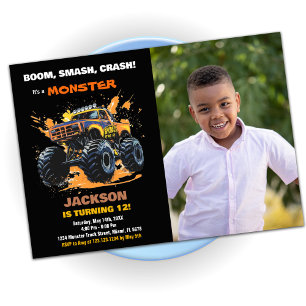 Orange Monster Truck Birthday Invitations photo