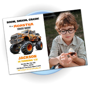 Orange Monster Truck Birthday Invitations Photo