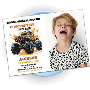 Orange Monster Truck Birthday Invitations Photo